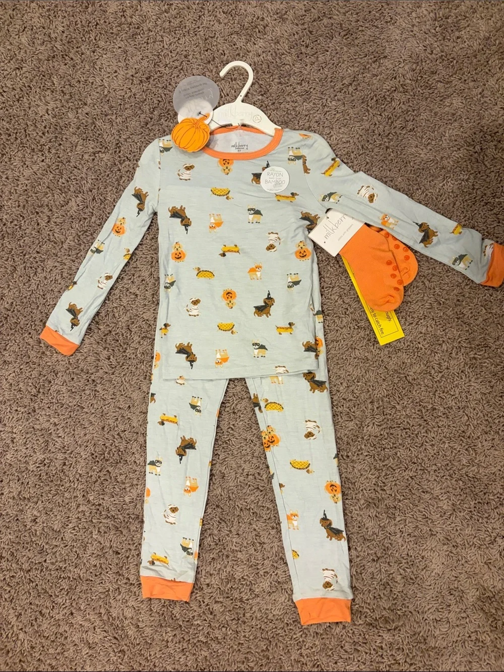 Kids' Light Blue Halloween Puppy Pajama Set with Orange Trim